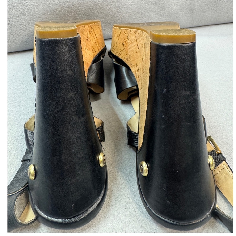 Boho Black Gold Guess Wedge Sandals Womens 10 Leather Cork Platform Strappy - Picture 6 of 9